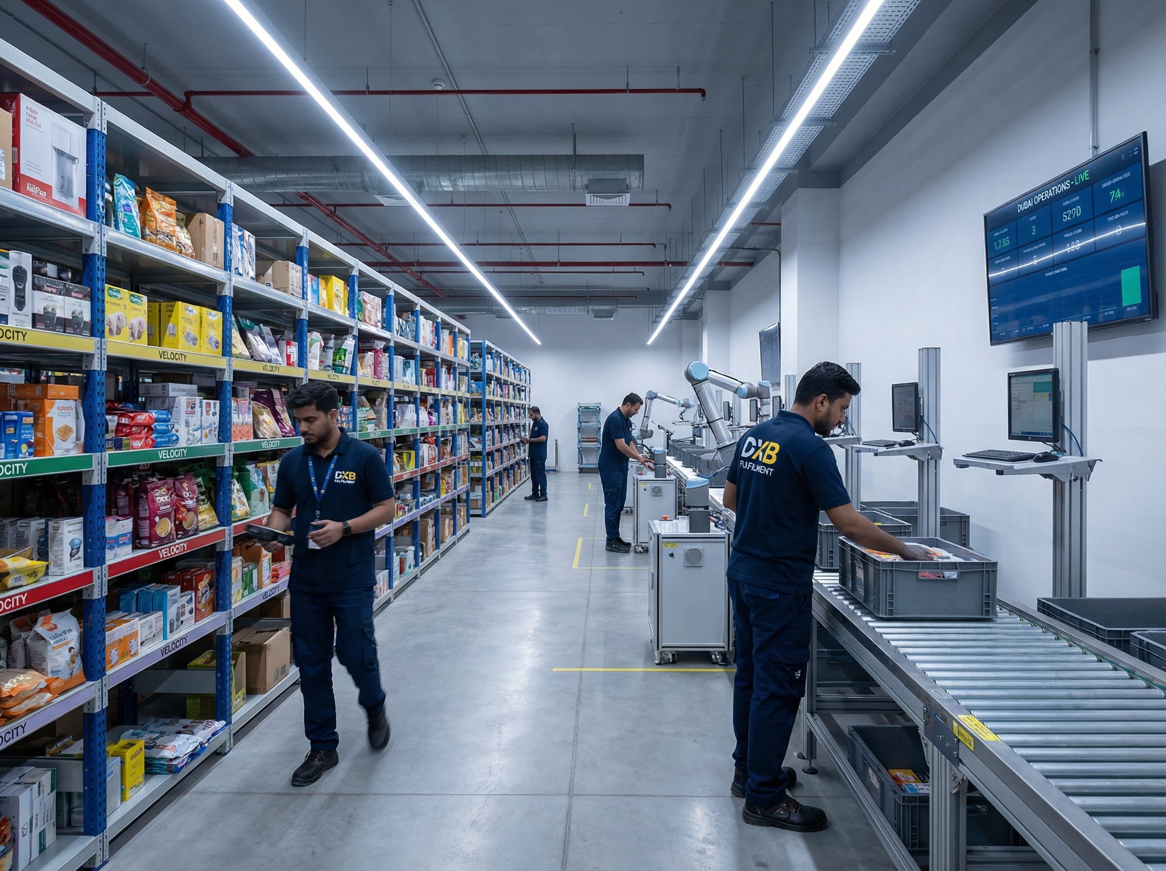 Workers inside a modern Dubai dark store picking and packing orders from velocity-organised shelving under LED lighting