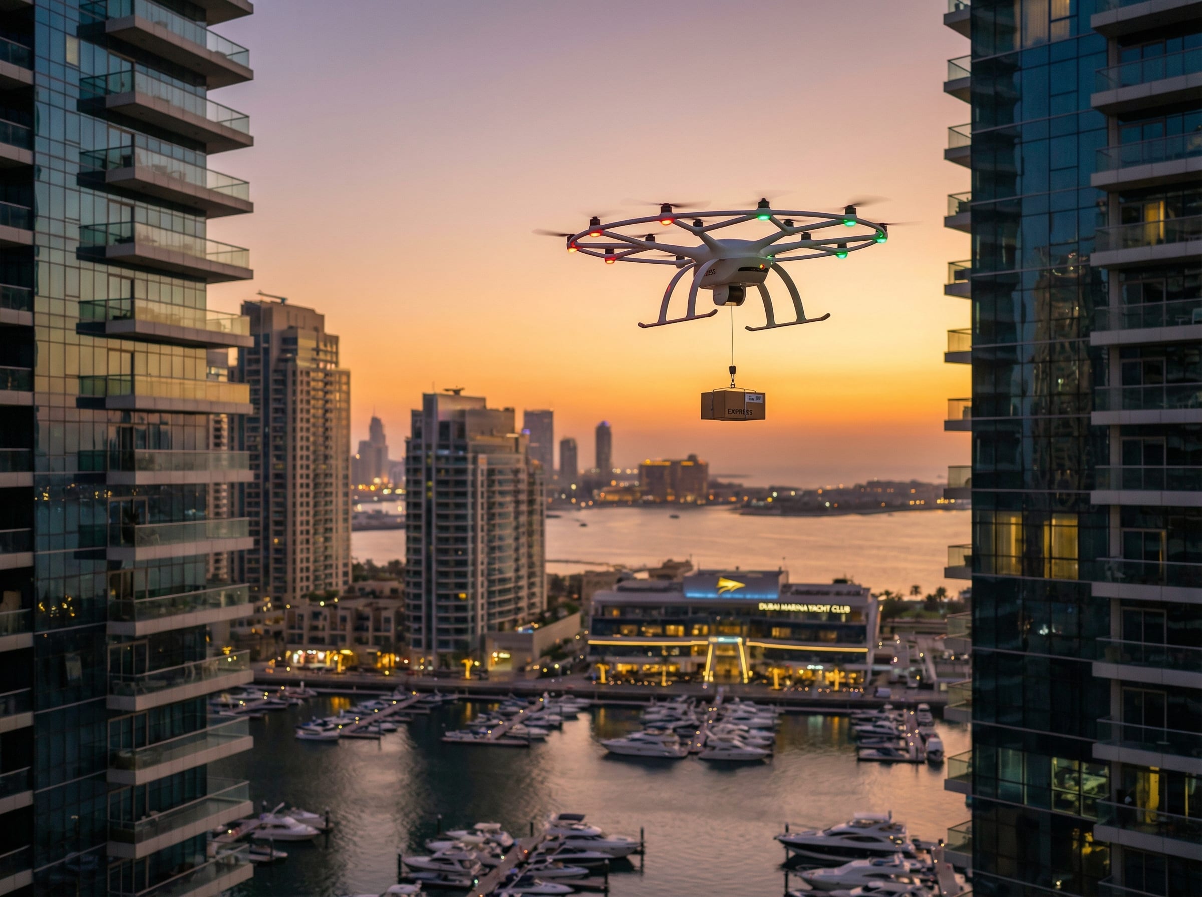 Delivery drone carrying a package over Dubai Marina at sunset, flying between luxury residential towers