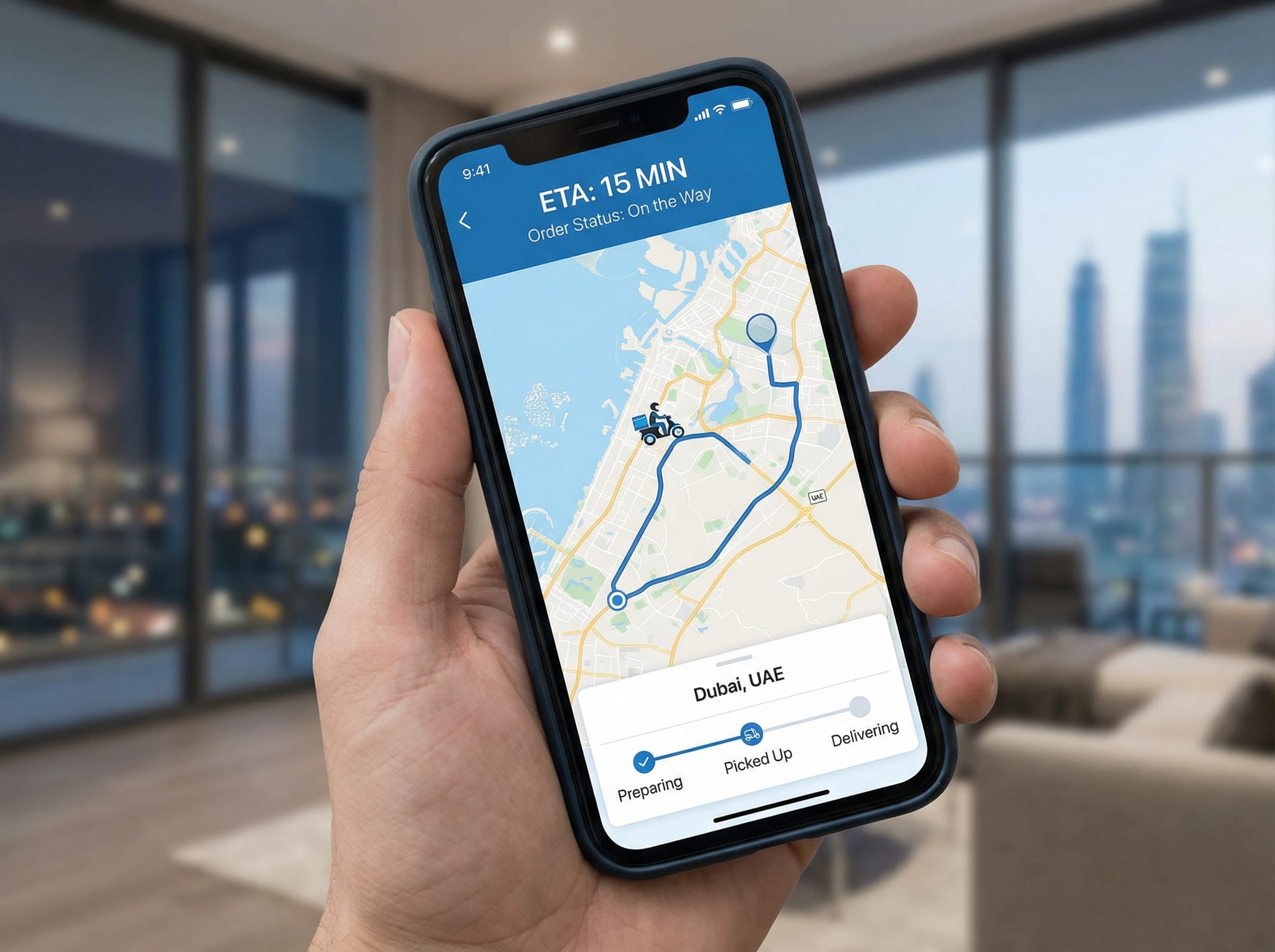 Smartphone displaying a real-time delivery tracking interface with Dubai map, ETA of 15 minutes, and order status indicators