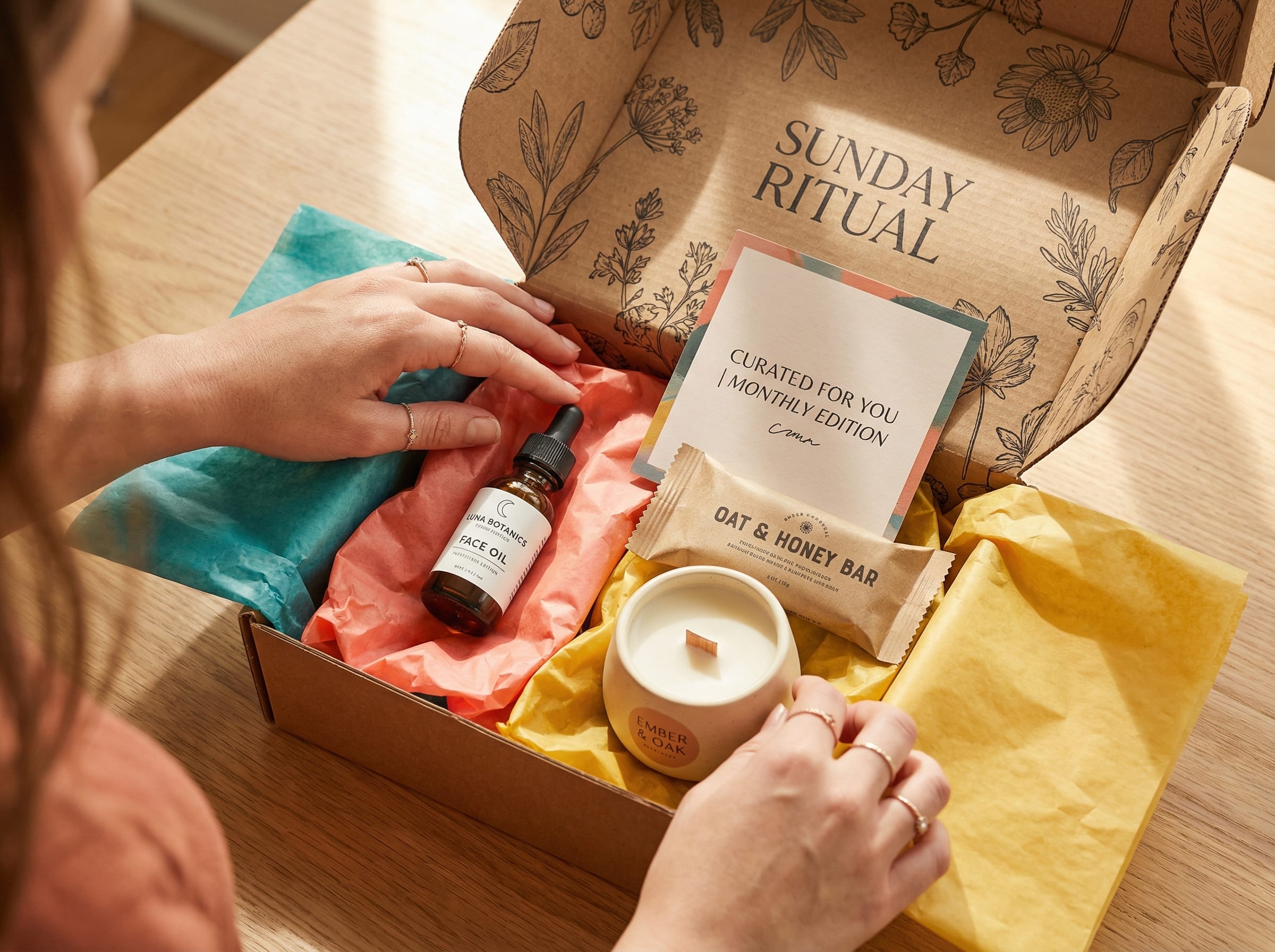 Hands placing curated items into a branded subscription box with colourful tissue paper, skincare product, candle, and snack bar