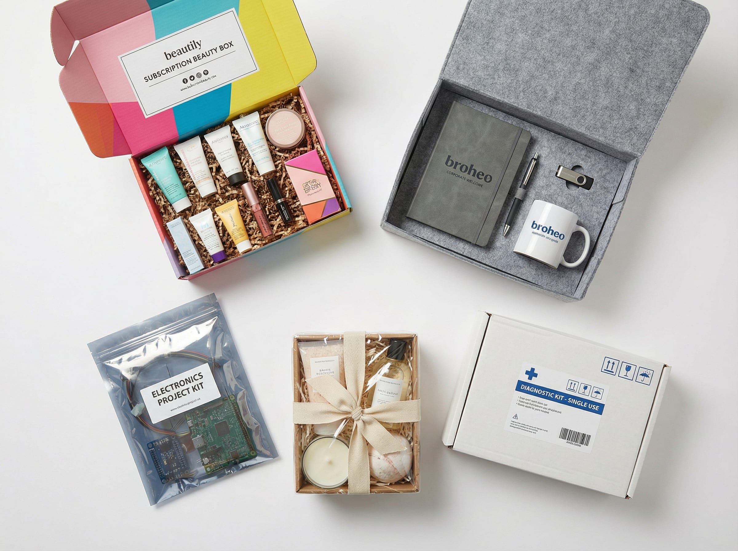 Flat-lay of various finished kits including a subscription beauty box, corporate welcome kit, electronics component kit, gift set, and medical diagnostic kit