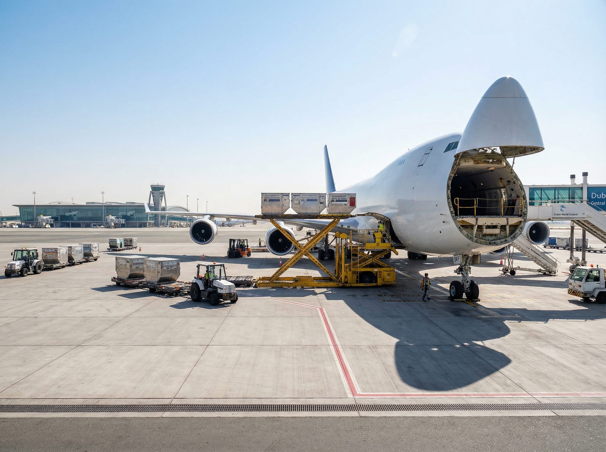 Air cargo operations at Dubai World Central airport with freight being loaded onto a wide-body aircraft