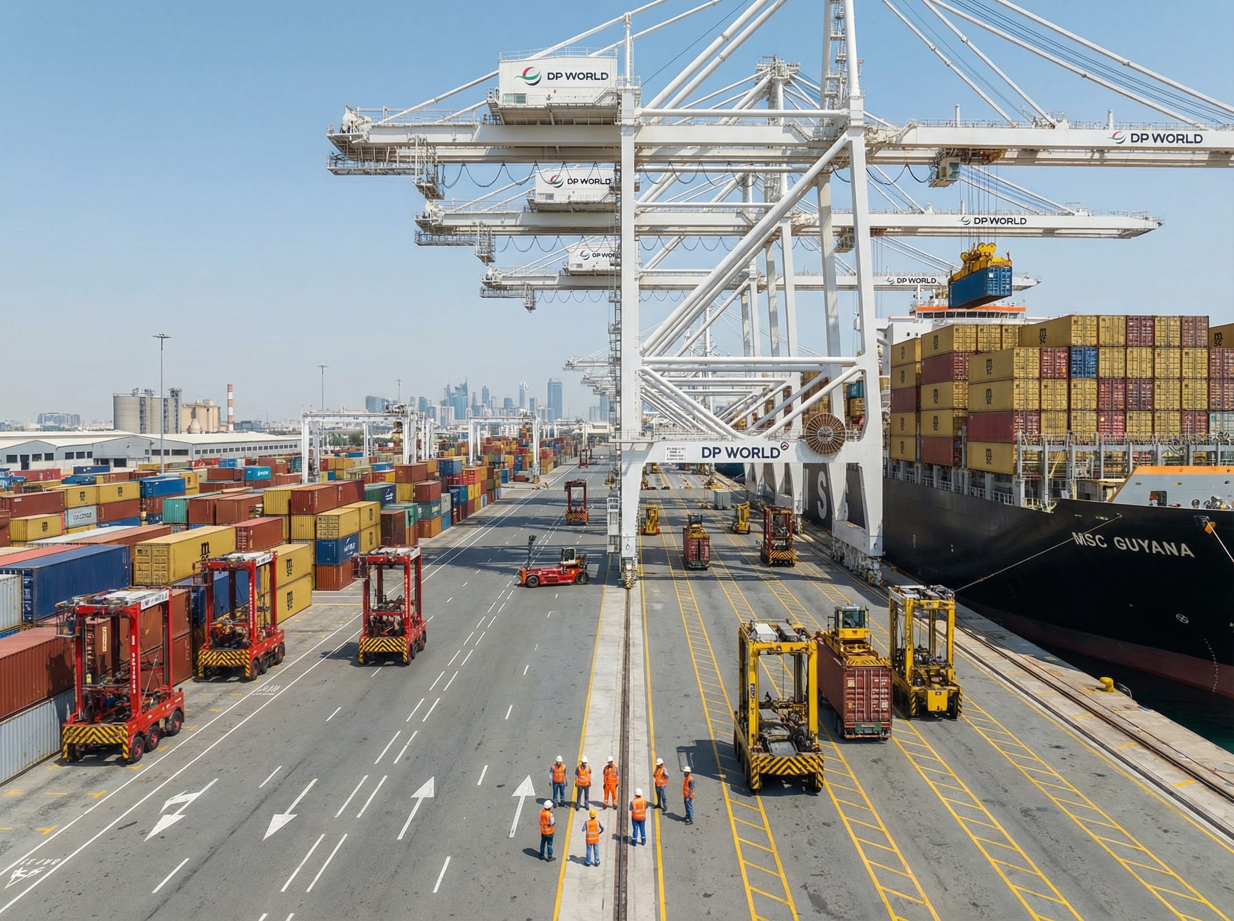 Container loading operations at a UAE port with gantry cranes lifting containers onto a cargo vessel