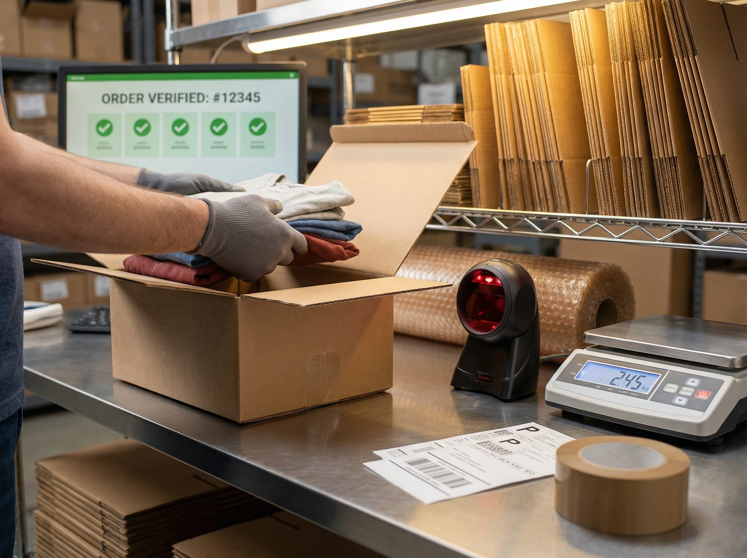 Packing station with barcode scanner, scale, and order verification screen showing green checkmarks