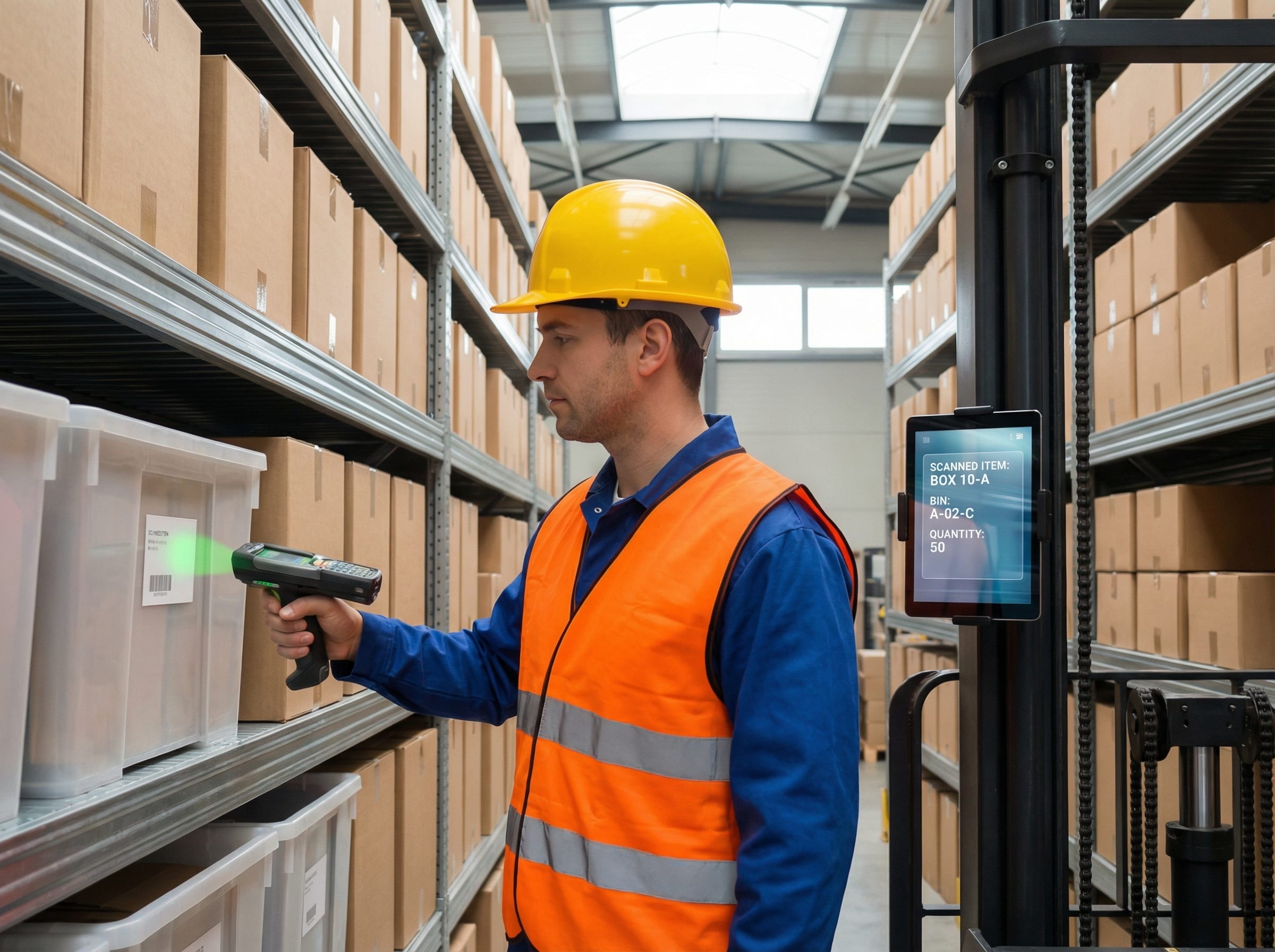 Warehouse worker using a handheld barcode scanner with WMS interface visible on a nearby tablet